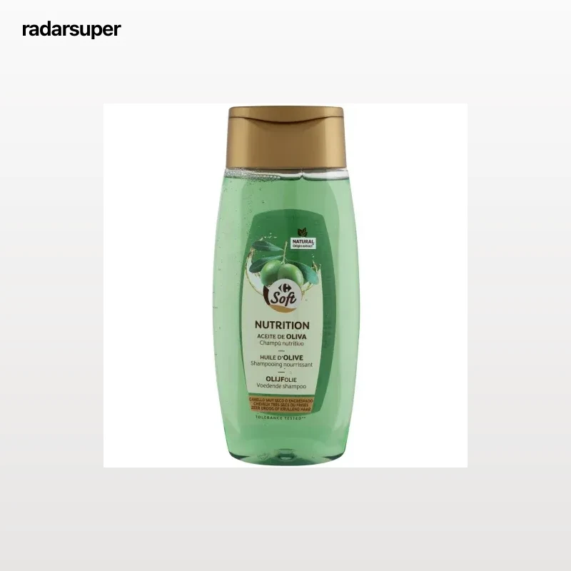 Champú nutritivo aceite de oliva para cabellos secos o encrespados Carrefour Soft 400 ml.