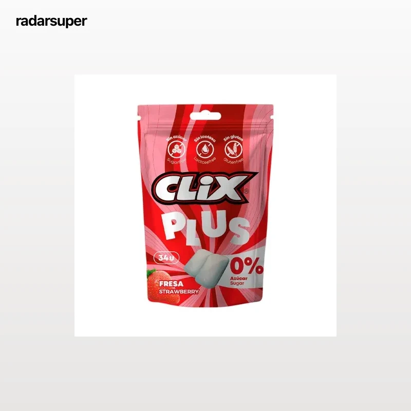 Chicles sabor fresa Clix Plus sin gluten, sin lactosa y sin azúcar 45 g.