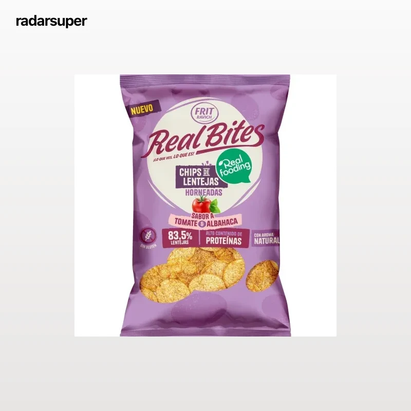 Chips de lentejas horneadas sabor tomate y albahaca Real Bites Frit Ravitch sin gluten 80 g.