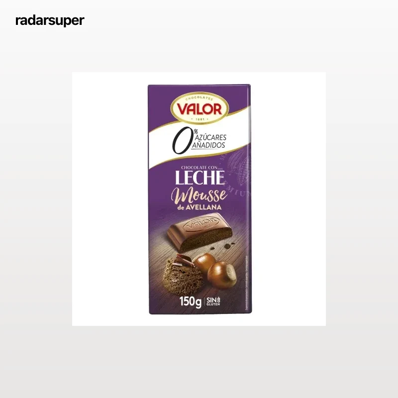 Chocolate con leche relleno de mousse de avellana sin azúcar añadido Valor sin gluten 150 g.