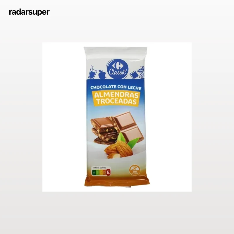 Chocolate con leche y almendras troceadas Carrefour Classic sin gluten 150 g.