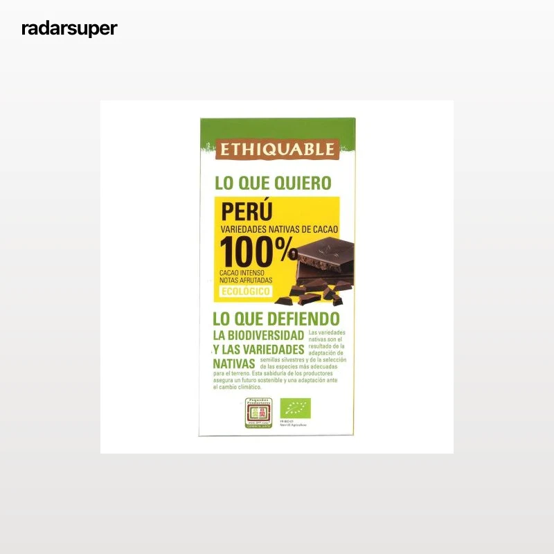 Chocolate negro 100% cacao Perú ecológico Ethiquable 100 g.