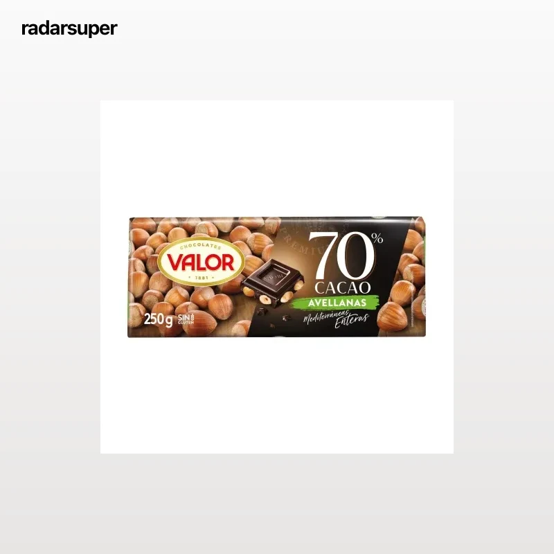 Chocolate negro 70% cacao con avellanas Valor sin gluten 250 g.
