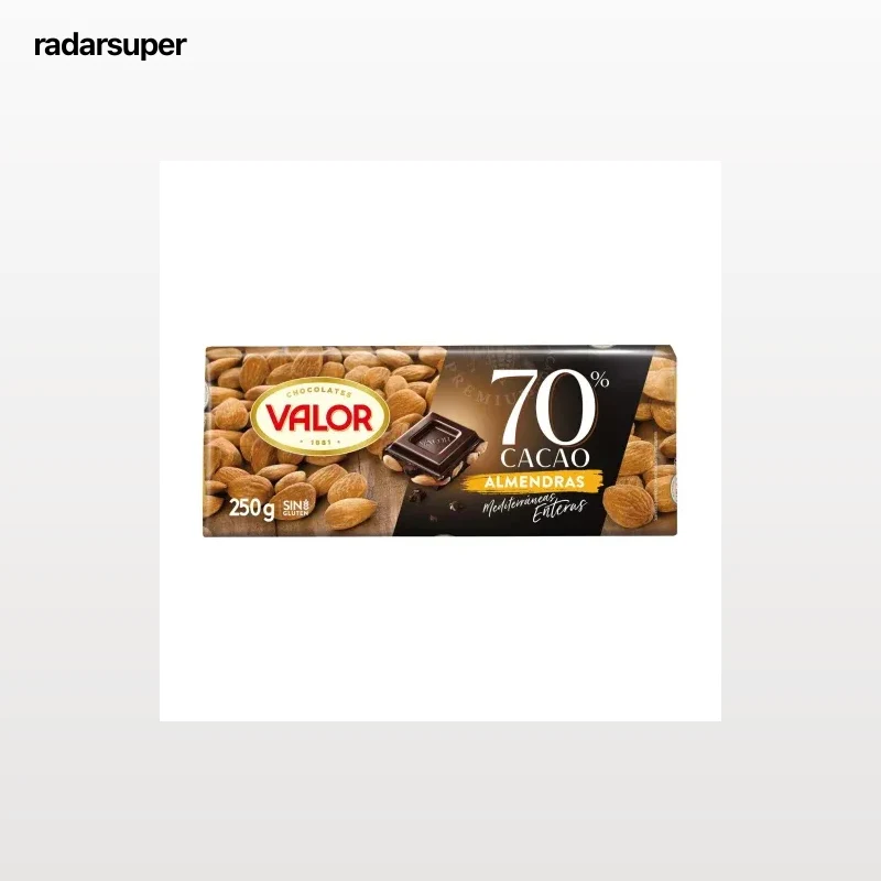 Chocolate negro 70% con almendras enteras Valor sin gluten 250 g.