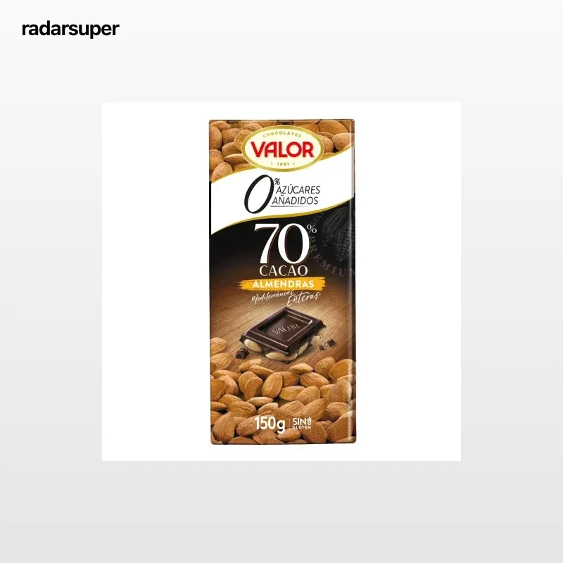 Chocolate negro 70% con almendras enteras y stevia sin azúcar añadido Valor sin gluten 150 g.