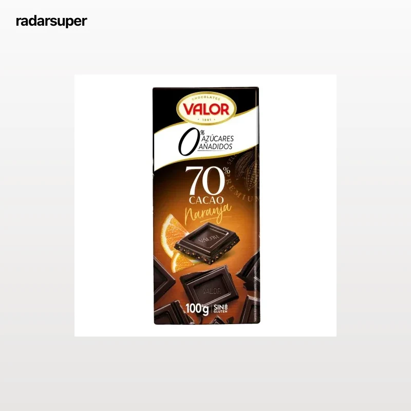 Chocolate negro 70% con naranja y stevia sin azúcar añadido Valor sin gluten 100 g.