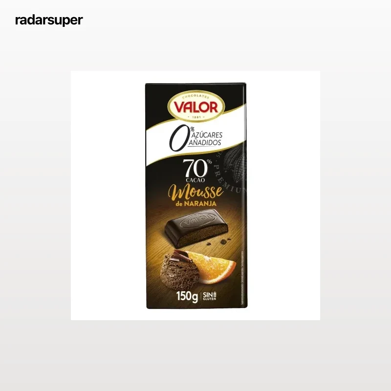 Chocolate negro 70% relleno de mousse de naranja sin azúcar añadido Valor sin gluten 150 g.