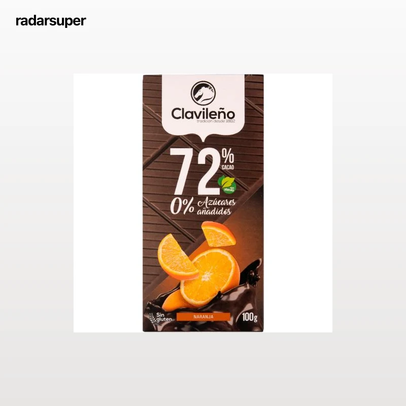 Chocolate negro 72% cacao con naranja Clavileño sin gluten y sin azúcar añadido 100 g.