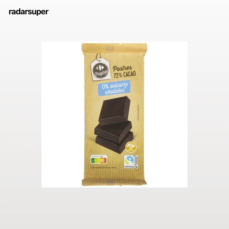 Chocolate negro 72% cacao especial postres Carrefour Original sin gluten y sin azúcar añadido 200 g.