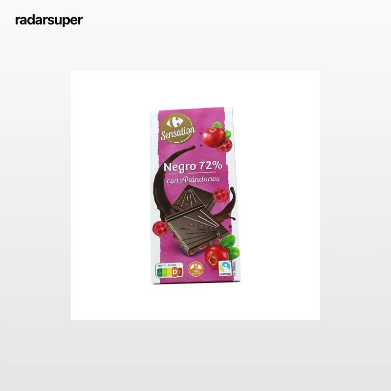 Chocolate negro 72% con arándanos Carrefour Sensation sin gluten 100 g.