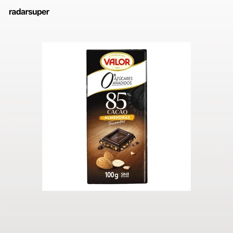 Chocolate negro 85% almendras troceadas sin azúcares añadidos Valor sin gluten 100 g.