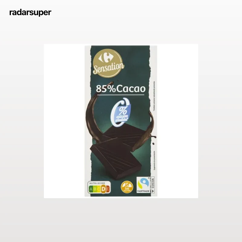 Chocolate negro 85% cacao Carrefour Sensation sin gluten y sin azúcar añadido 100 g.