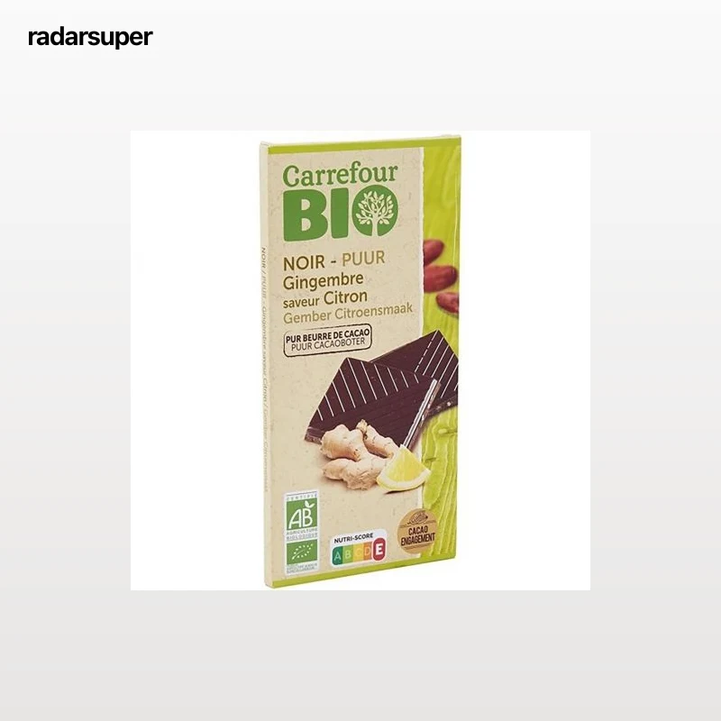 Chocolate negro con aceite esencial de limón y pepitas de jengibre confitadas ecológico Carrefour Bio 100 g.