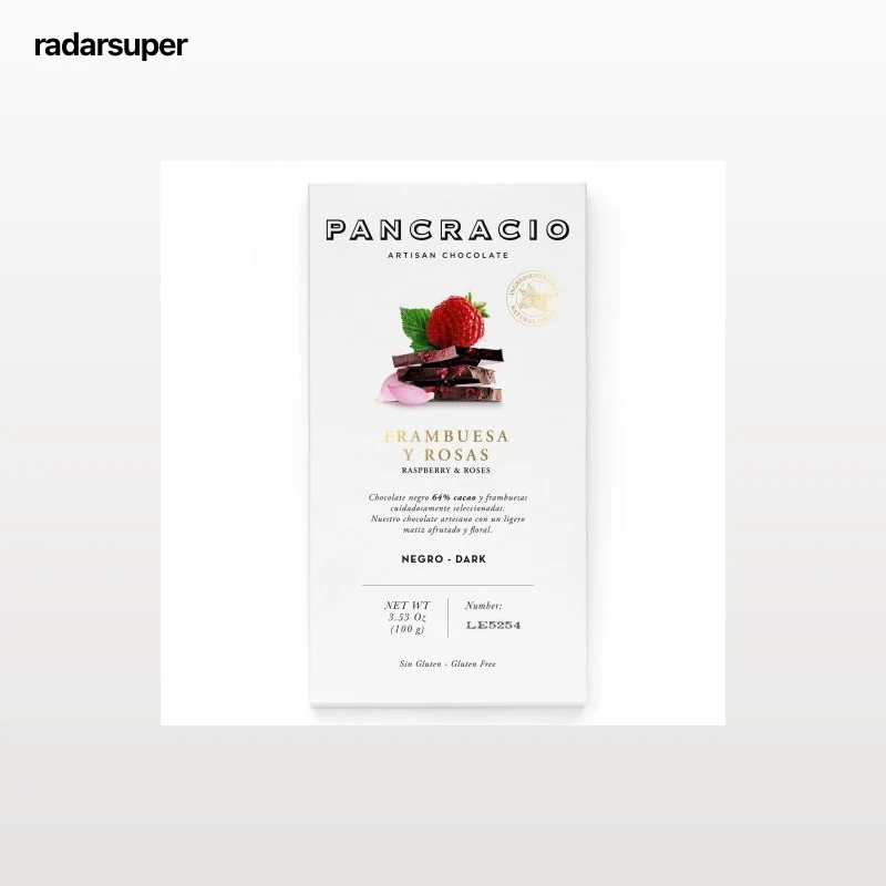 Chocolate negro con frambuesas y rosas Pancracio sin gluten 100 g.