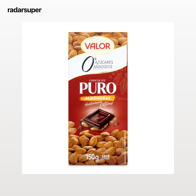 Chocolate puro con almendras sin azúcar Valor 150 g