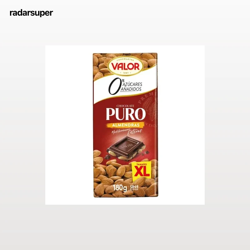 Chocolate puro con almendras mediterráneas enteras XL con stevia sin azúcar añadido Valor sin gluten 180 g.