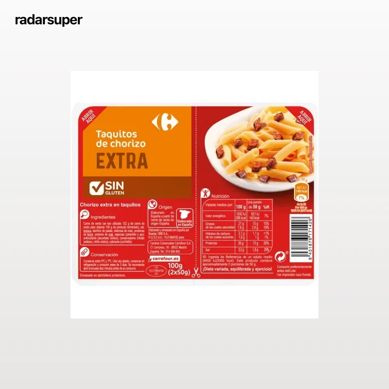 Chorizo Extra en taquitos Carrefour sin gluten 2x50 g