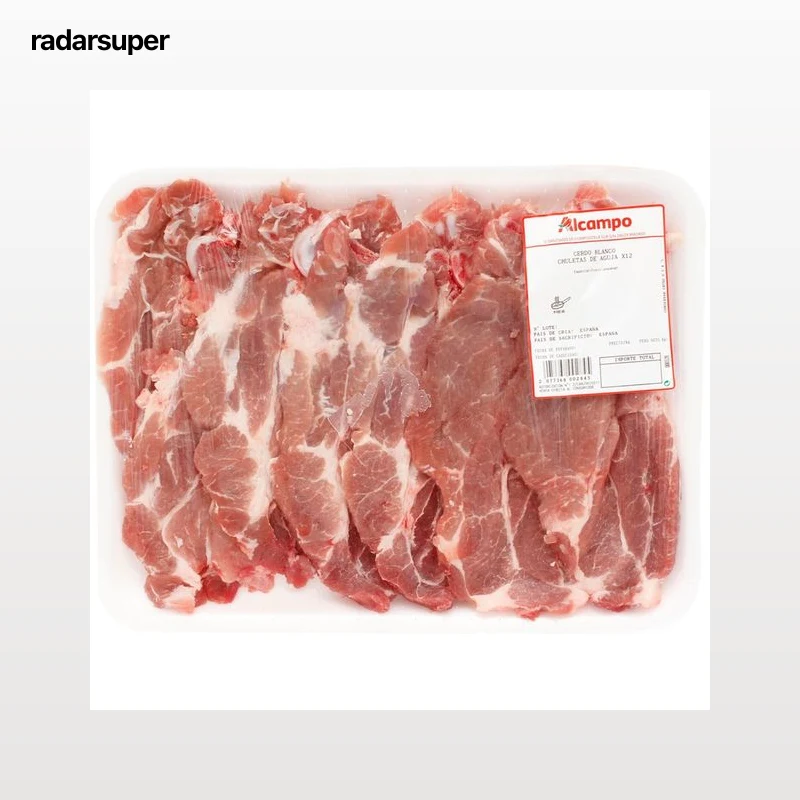 Chuletas de aguja de cerdo ideales para freír, bandeja grande.