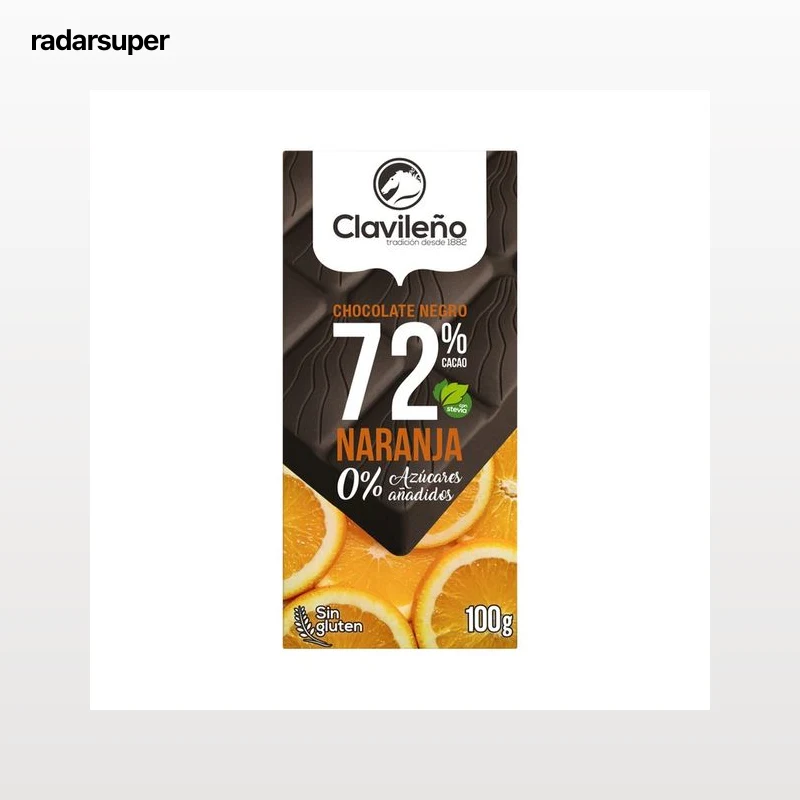 CLAVILEÑO Chocolate extrafino puro 72% cacao y naranja, con Estevia 100 g.