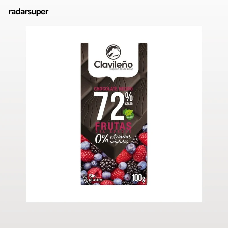 CLAVILEÑO Chocolate negro extrafino 72% cacao y frutas del bosque con stevia 100 g.