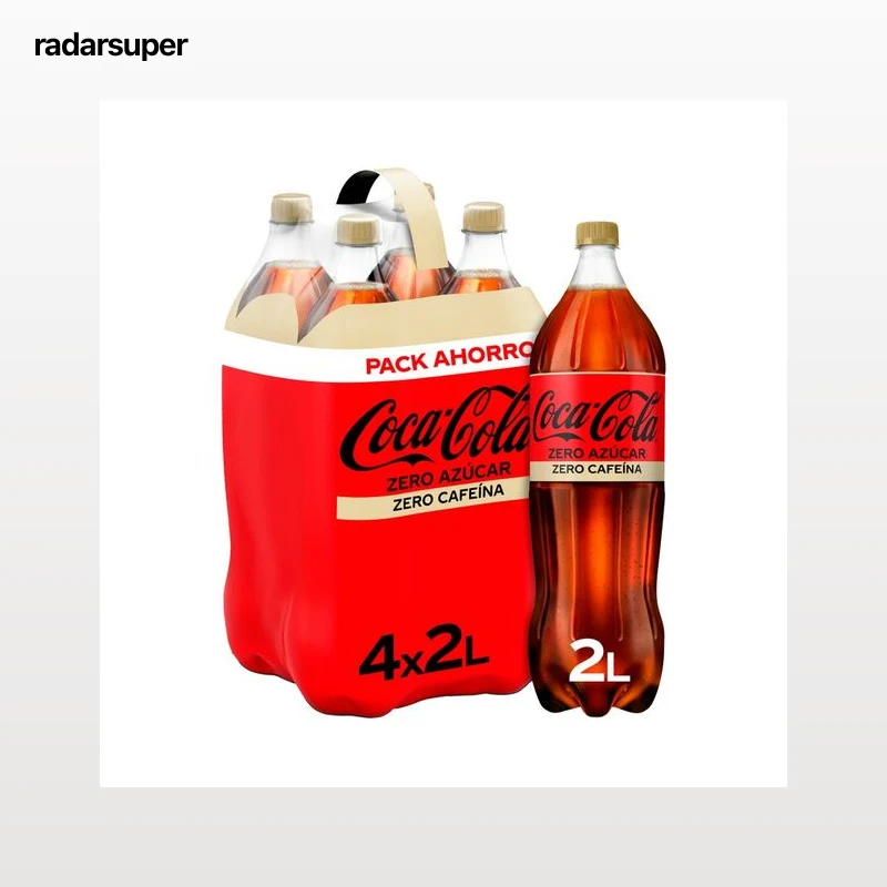 COCA COLA ZERO Refresco de cola zero azúcar y zero cafeína pack botella de 4 und 2L.
