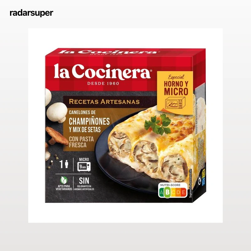 LA COCINERA Canelones de pasta fresca, rellenos de champiñones y mix de setas, especiales para horno y microondas Recetas artesanas 280 g.