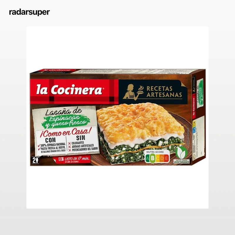 LA COCINERA Lasaña de pasta fresca al huevo, rellena de espinacas (100% nacionales) y queso Recetas artesanas 500 g.