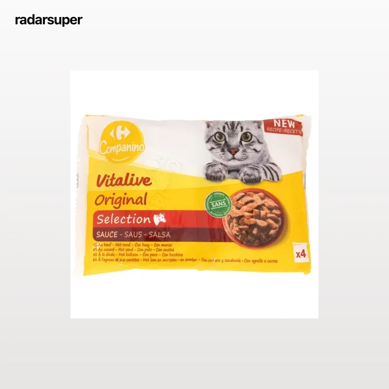 Comida húmeda bocaditos de carne en salsa para gatos Vitalive Carrefour 4 sobres de 100 g