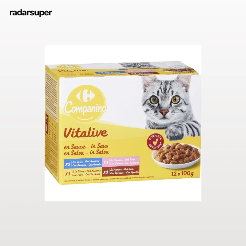 Comida húmeda bocaditos de carne y pescado en salsa para gatos Vitalive Carrefour 12 sobres de 100 g