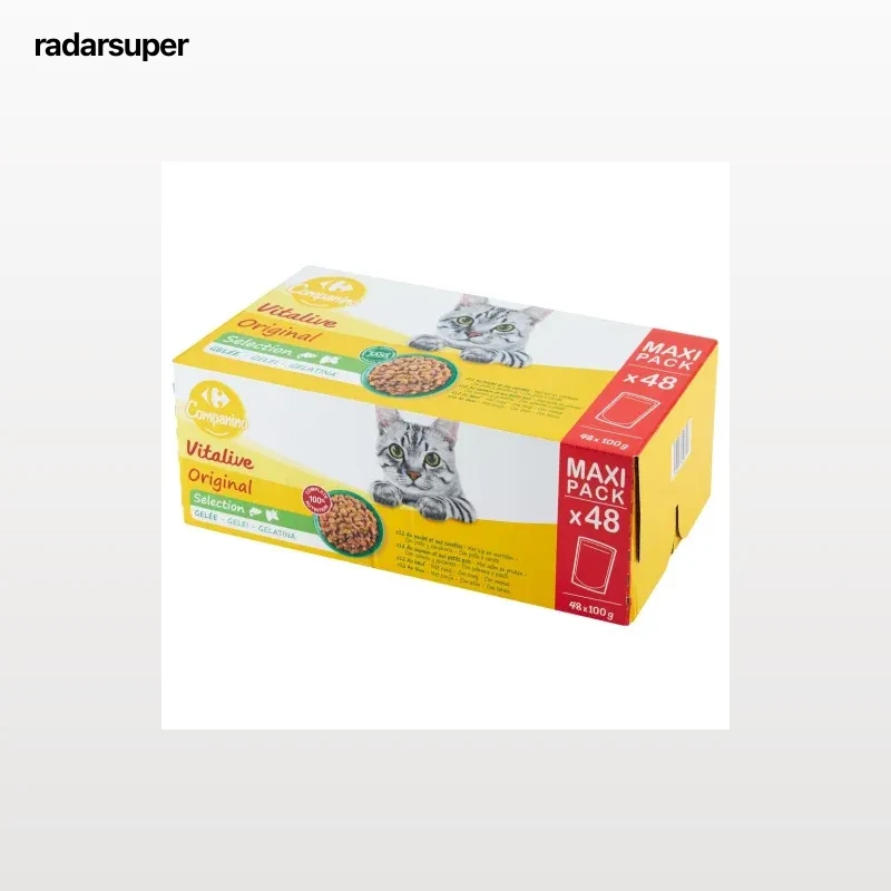 Comida húmeda bocaditos en gelatina de carne y verduras para gato adulto Carrefour Companino 48x100 g.