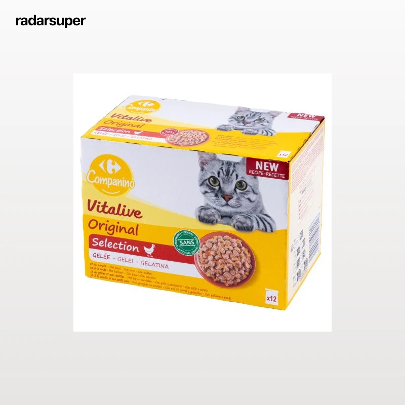 Comida húmeda bocaditos en gelatina para gato Carrefour Companino pack de 12 unidades de 100 g.