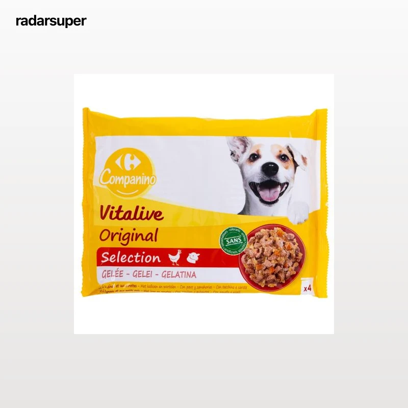 Comida húmeda bocaditos en gelatina para perro Carrefour Companino pack 4 unidades de 100 g.