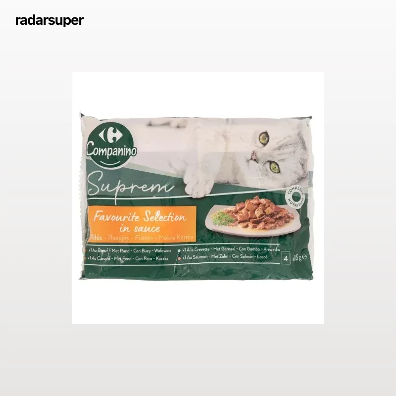 Comida húmeda bocaditos en salsa para gatos Suprem Carrefour pack de 4 sobres de 85 g.