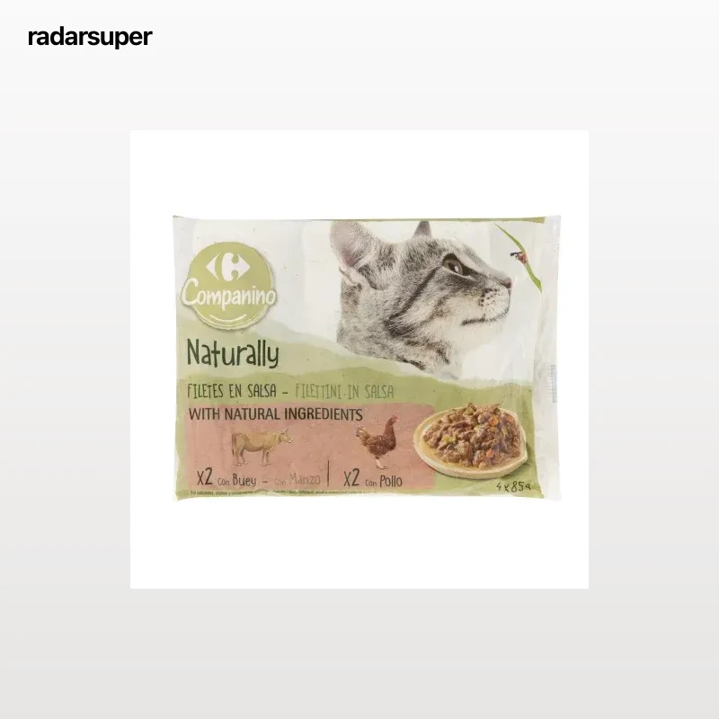 Comida húmeda de buey y pollo para gato Naturaly Carrefour 4 unidades de 85 g.