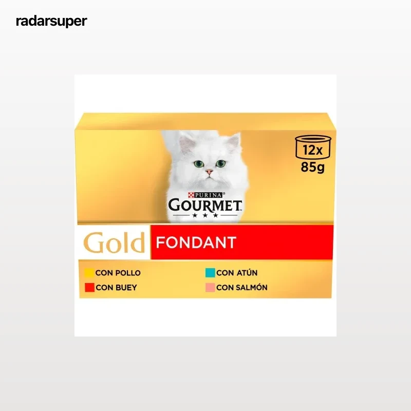 Comida húmeda de pollo,buey, atún y salmón para gato adulto Purina Gourmet Gold Fondant 12x85 g.