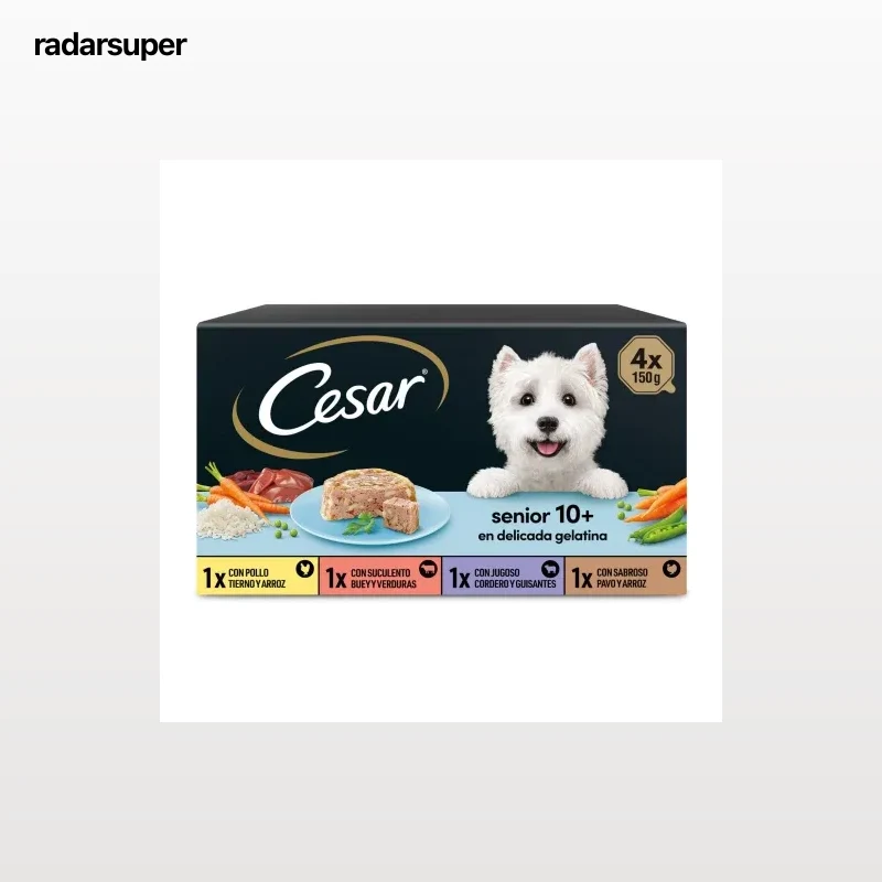 Comida húmeda en delicada gelatina para perro senior Cesar pack de 4 unidades de 150 g.