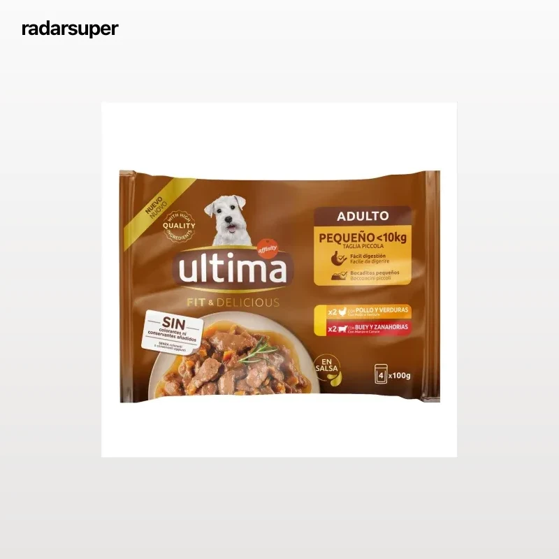 Comida húmeda en salsa de pollo y buey para perro adulto mini Ultima 4x100 g.