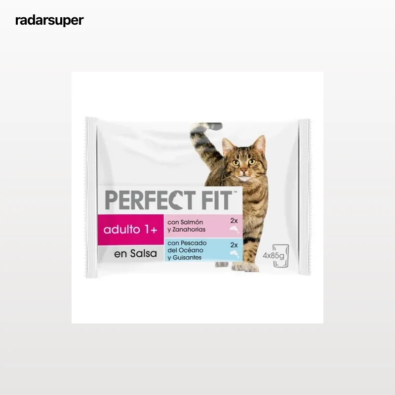 Comida húmeda esterilizada de pescado y verduras para gatos Perfect Fit pack de 4 unidades de 85 g.