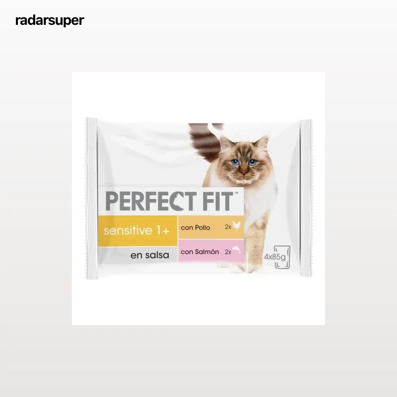 Comida húmeda esterilizada de pollo y salmón para gatos Perfect Fit Sensitive pack de 4 unidades de 85 g.