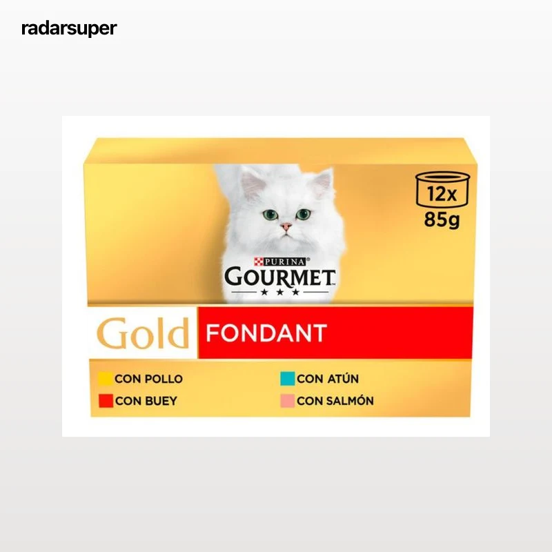 Comida húmeda para gato adulto Gourmet Gold Foundant con Salmón, Pollo y Buey 12 latas