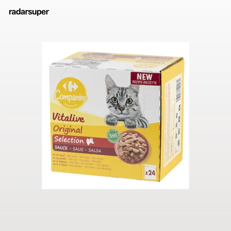 Comida húmeda selección en salsa de carne y verduras para gatos adultos Vitalive Carrefour 24 sobres de 100 g.