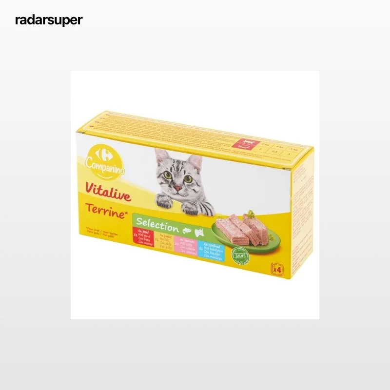 Comida húmeda tarrina selección mixta para gato Vitalive Carrefour Companino 4x100 g.