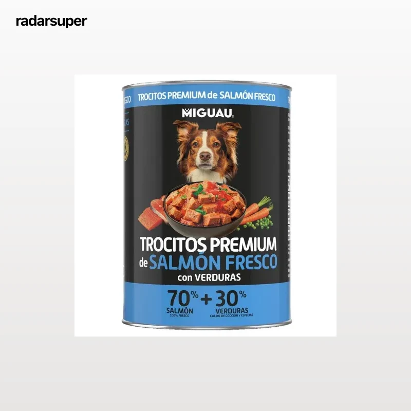 Comida húmeda trocitos premium de salmón fresco y verduras para perro Miguau 400 g.