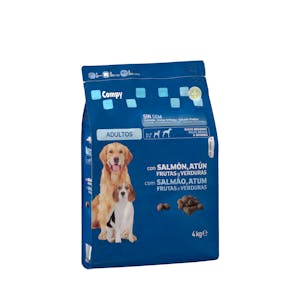 Comida con salmón, atún, frutas y verduras perro adulto