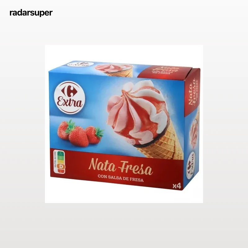 Conos con helado de nata y fresa con salsa de fresa Carrefour 4 ud.
