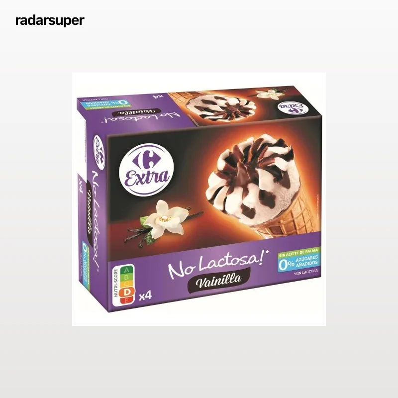 Conos con helado de vainilla Carrefour Extra sin lactosa y sin azúcar añadido 4 ud.