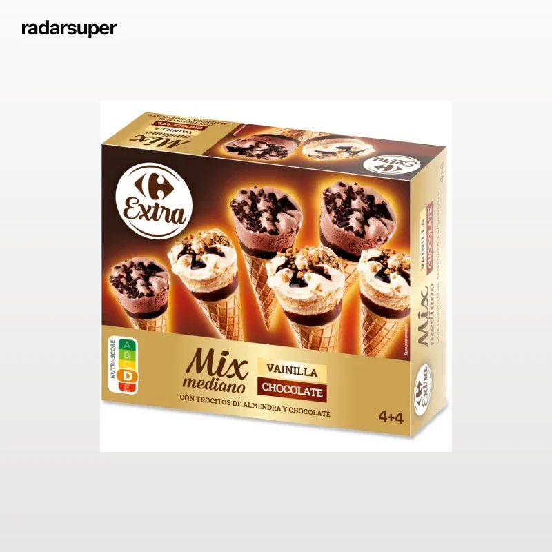 Conos con helado de vainilla y chocolate mix mediano Extra Carrefour 8 ud.