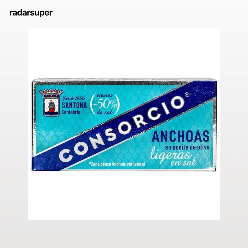 CONSORCIO Filetes de anchoa de Santoña en aceite de oliva, ligeras en sal CONSORCIO 26 g. peso neto escurrido
