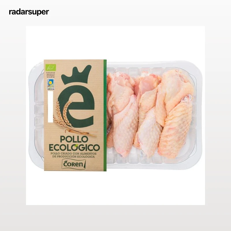 COREN Bandeja de alitas de pollo ecológicas sin punta y con piel.
