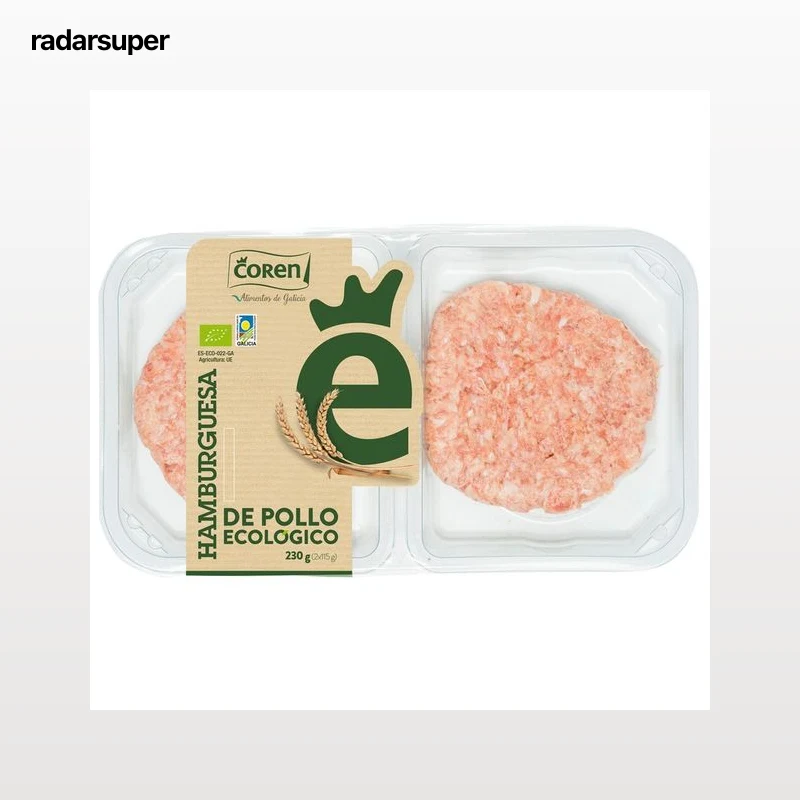 COREN Bandeja con hamburguesa de pollo de procendencia ecológica 2 x 115 g.